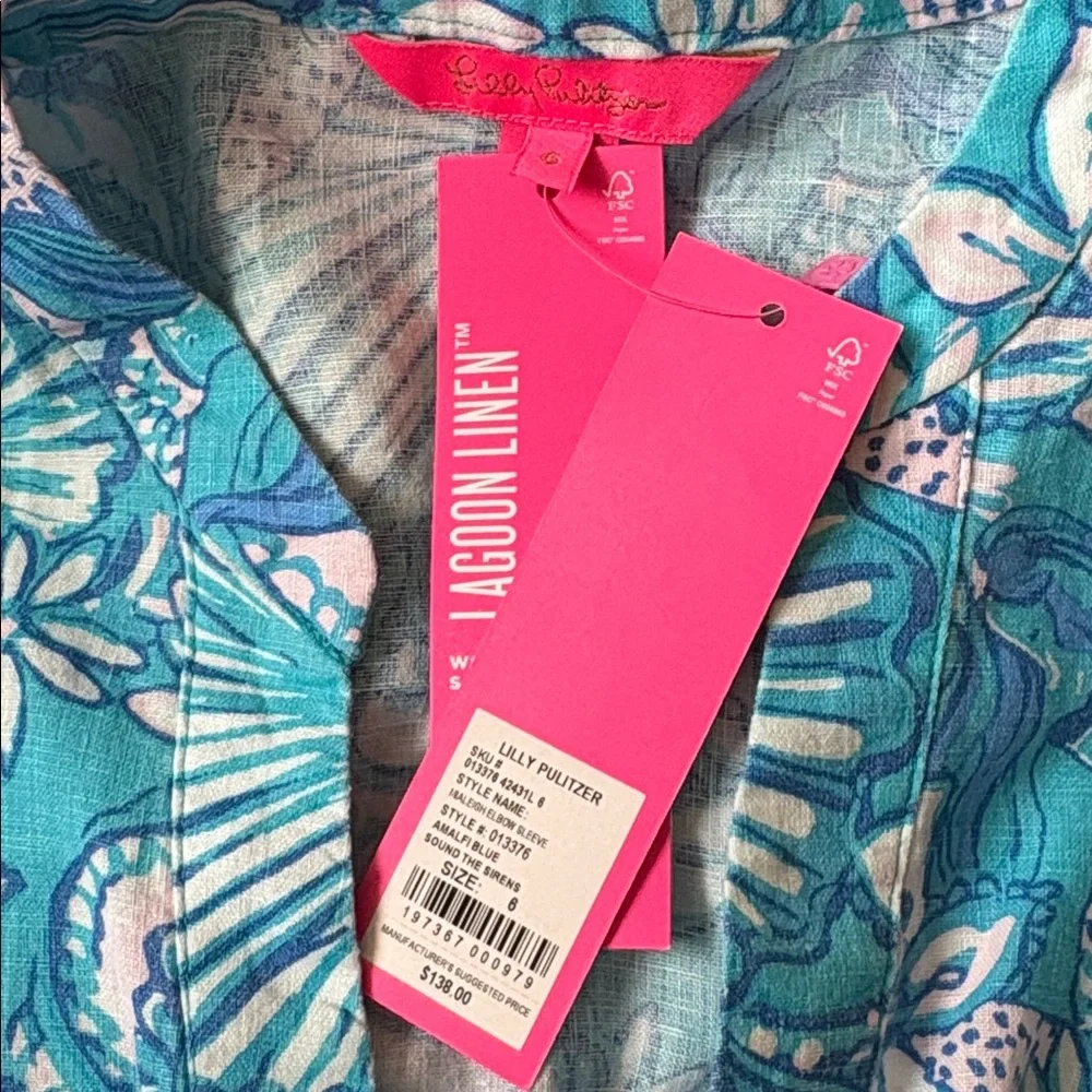 NWT Lilly Pulitzer Mialeigh 100% Linen Top Blouse Women’s 6 Amalfi Blue Sirens